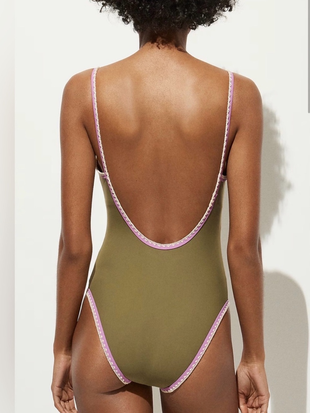 J.Crew Crochet Trim Scoopback One Piece Swimsuit Olive Purple NWT Size 6 - Picture 2 of 6